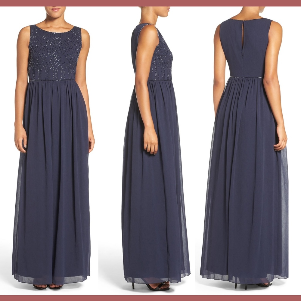 NEW Adrianna Papell [14 ] Embellished Bodice Sleeveless Chiffon Gown Navy Blue‎
